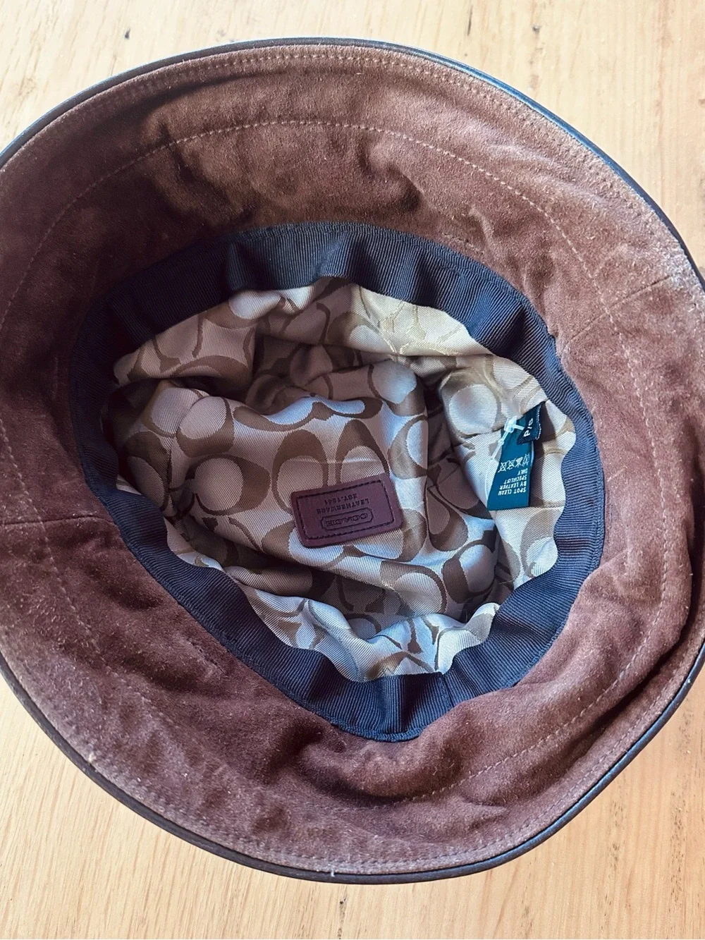 Genuine COACH Chocolate Brown Suede Bucket Hat with Leather Band.